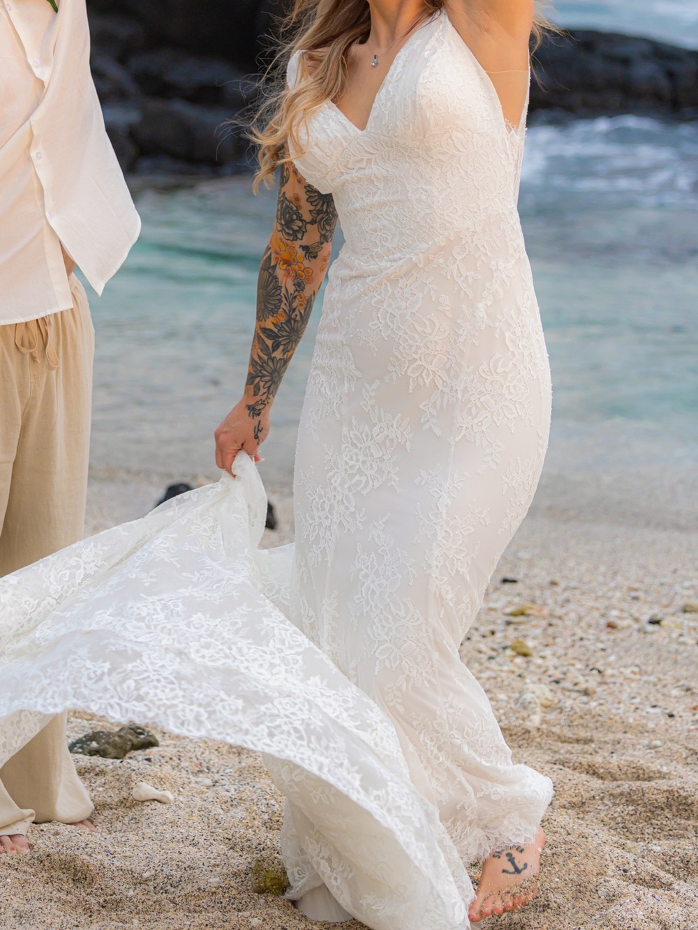 Lace V-Neck Ivory/champagne fitted flare Wedding Dress